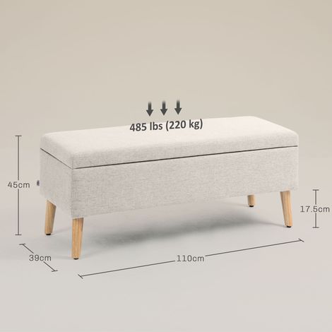 Banc rembourré avec coffre de rangement, 110 x 39 x 45 cm, teinte lin beige, pour couloir, chambre, séjour, en bois d'hévéa (1/5)