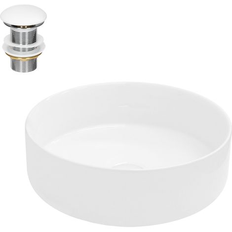 ECD Germany Lavabo per Bagno d' Appoggio Ø 355 x 120 mm in Ceramica Bianca incl. Piletta Set di Scarico 1 1/4'' per Lavandini senza Troppopieno Lavello Rotondo Lavamani Sanitari per Bagno (1/5)