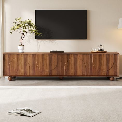 Meuble TV à relief semi-circulaire, quatre portes à ouverture par pression, MDF décor bois, pieds boule en bois massif, meuble TV rétro pour salon (1/4)