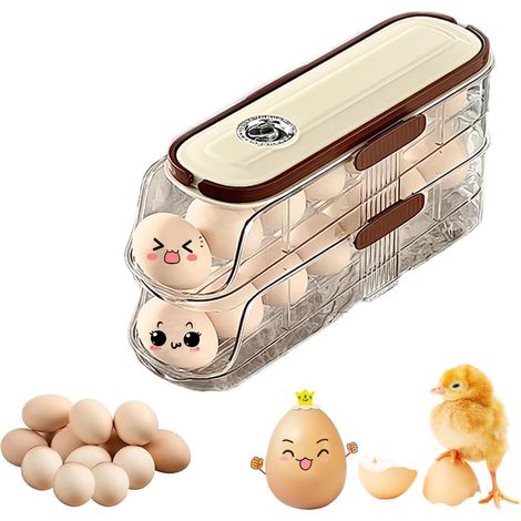Distributeur D'œufs pour Réfrigérateur, Boite a Oeufs à 2 Niveaux, Range Oeuf Distributeur en Plastique Rangement Oeuf avec Couvercle et Poignée Porte Oeufs Frigo pour 14 Oeufs (Couleur Crème) (1/4)