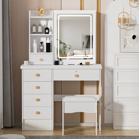 Coiffeuse avec tabouret, table de maquillage de chambre, rangement cosmétiques, éclairage LED réglable à trois couleurs, 6 tiroirs, 3 étagères, rangement caché derrière le miroir (1/5)