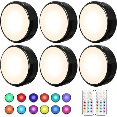 Dpzo - Lot de 6 spots LED sous meuble - Multicolores, à piles avec télécommande - 16 couleurs, 10 niveaux de luminosité, fonction minuterie (1/5)