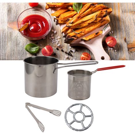 Friteuse miniature en acier inoxydable 304 avec passoire, corps de friteuse, panier de passoire, pinces à aliments et grille de cuisson. (1/5)