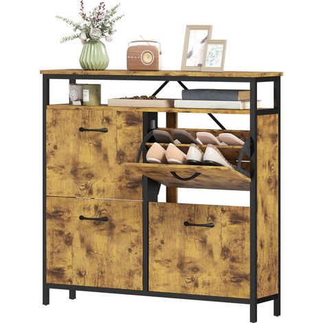 Schuhschrank mit 4 Klappschubladen, schmales Design, offenes Fach, für 12 bis 20 Paar Schuhe, Stahl, braun