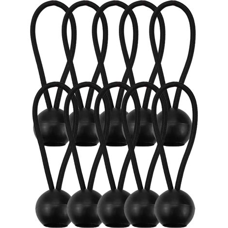 Lot de 10 petites sangles en caoutchouc réglables avec boule, robustes et durables, compatibles avec les tentes, les poteaux, les bagages et les bannières (noir). (1/5)