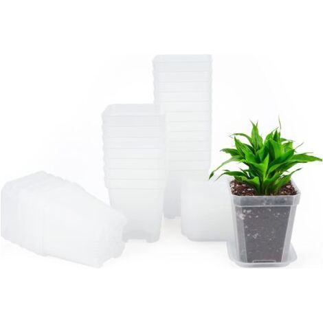 BUNTHAUS Lot de 24 mini pots de culture carrés en plastique épais de 7 cm avec soucoupe, petits pots de fleurs carrés en plastique transparent (1/5)