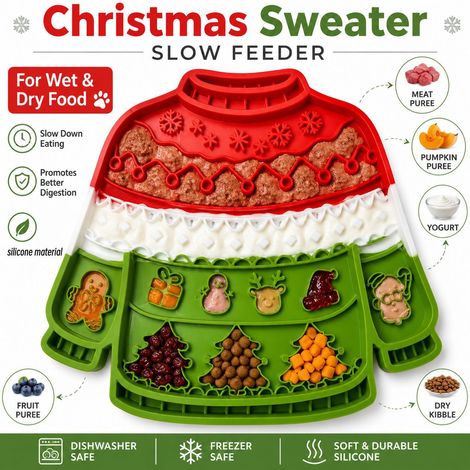 Tapis de léchage pour chien en silicone forme pull de Noël, tapis ralentisseur d’alimentation avec ventouses, pour nourriture sèche et humide, accessoire de Noël pour animaux (1/5)