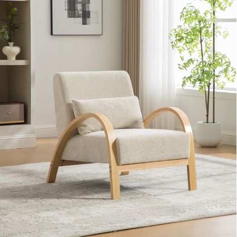 Sillón escandinavo de chenilla, con patas de madera, diseño moderno, beige (1/5)