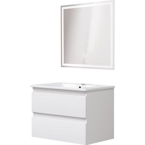 ONDEE ZEN - Meuble salle de bain à suspendre LILA - 60cm - 2 Tiroirs - Blanc - Miroir LED LAURA