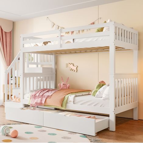MODFU – Letto a castello 90x200 cm in pino bianco con scala contenitore, 2 cassetti e barriere alte – Bianco (1/5)
