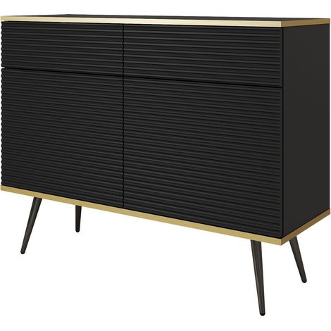 Credenza 107 cm, 2 cassetti, 2 ante, 4 ripiani, frontali scanalati, Nero, gambe nere, 107 x 39 x 85 cm (1/4)