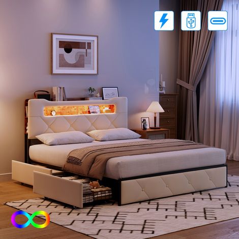 Lit adulte en velours beige 160x200 cm avec quatre tiroirs de rangement et éclairage LED intégré (1/5)