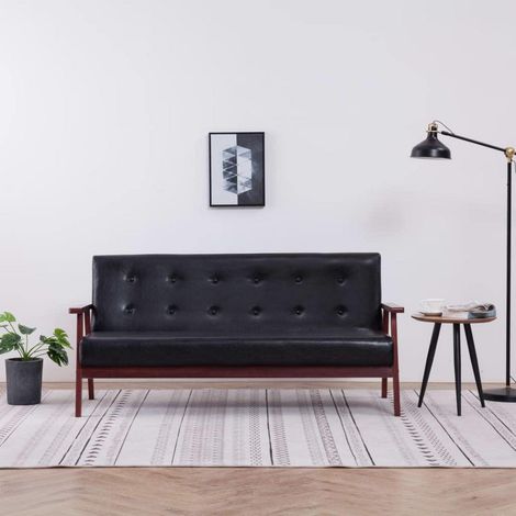 Canapé 3 places noir similicuir rembourré pieds bois design rétro confortable (1/5)