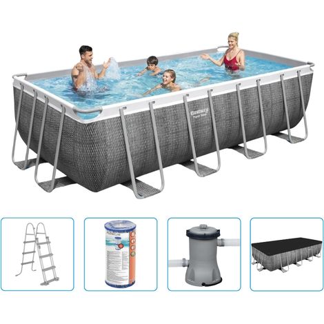 Piscine Bestway Power Steel - 488 x 244 x 122 cm - Imprimé rotin - Rectangulaire - Avec pompe de filtration + accessoires (1/5)