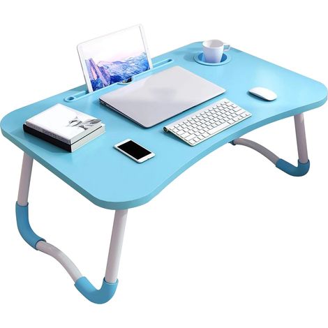 Table pliante pour lit enfant avec porte-gobelet, bureau ordinateur portable en panneau de densité bleu pour chambre (1/5)