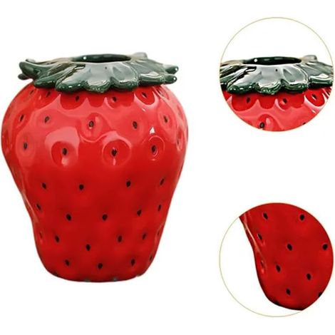 Red Creativity Vase à fraises en céramique pour fleurs, pot de fleurs unique en forme de fraise avec couvercle, décoratif pour la décoration de la maison (1/5)