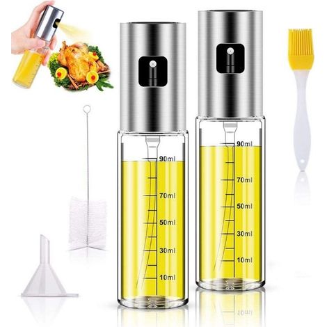 2PCS 100ML Oil Spray Bottle with Scale, Olive Oil Sprayer with Funnel Stainless Steel Kitchen Oil Sprayer with Oil Brush and Cleaning Brush (1/5)