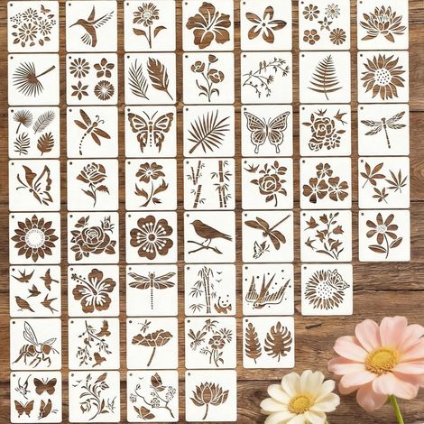 50pcs Pochoirs Fleurs 75x75cm, Pochoirs Réutilisables en Plastique avec Motifs de Fleurs, Papillons et Oiseaux pour Peinture Murale DIY, Artisanat, Scrapbooking, Toile (1/5)