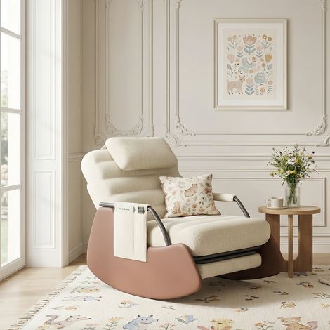 Rocking Chair Velours Côtelé avec Repose-pieds - Dossier Inclinable 3 Positions et Poche Latérale, Fauteuil d'allaitement - Scandinave, Beige