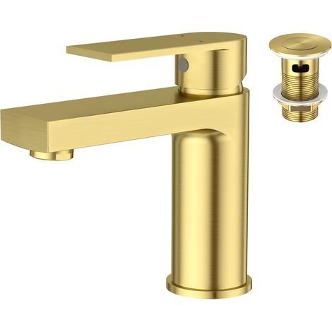 Robinet de Lavabo pour Salle de Bain Rectangulaire avec Pop-up Vidage, Mitigeur Monocommande Monotrou, doré (1/5)