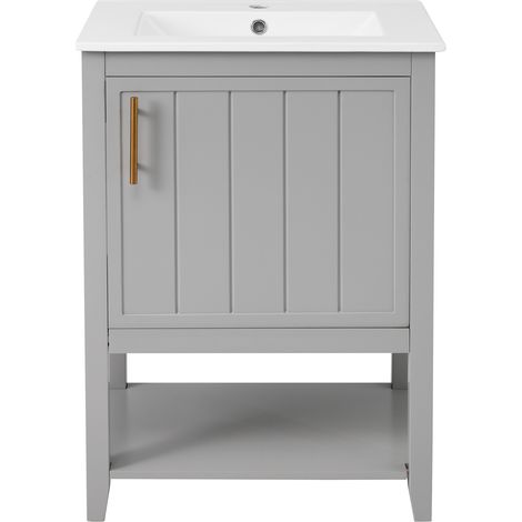 Meuble de salle de bain simple vasque, meuble sous-vasque 60 cm avec lavabo en céramique, avec étagère, gris clair (1/5)
