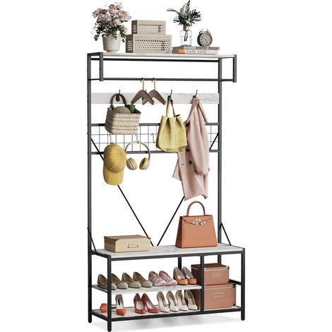 Portant à vêtements 5-en-1 avec banc, rangement chaussures, étagère réglable, tringle et 9 crochets – Meuble vestiaire pour couloir, chambre ou entrée – Finition marbre (1/5)