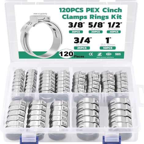 Kit 120 pièces colliers de serrage inox 304 à une oreille clips PEX PER 5 tailles 10,8-29,6 mm anneaux de sertissage tuyau eau gaz durite coffret (1/5)