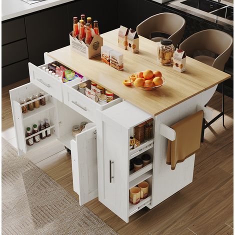 Moderne Kücheninsel, Küchenschrank, buffetschrank, Speisewagen mit Holzmaserung, Multifunktionale Esstisch mit Speicherraum, Speisewagen mit Snackregalen und Stretchfunktionsschränken,weiß (1/5)