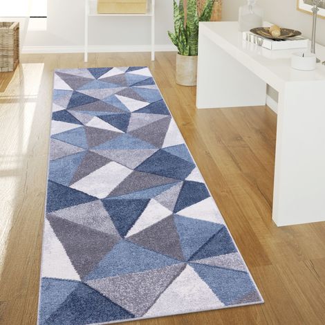 Paco Home Teppich Wohnzimmer Kurzflor Vintage Abstrakt Modern Geometrisch Rautenmuster 80x300 cm, Blau