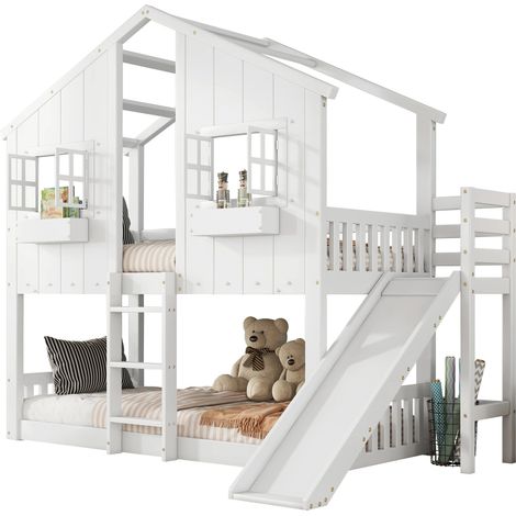 Lit superposé enfant avec toboggan, toit et fenêtres, barrière de sécurité, échelle 3 marches, blanc 90x200 cm, structure pin&MDF  CHICFURN (1/5)