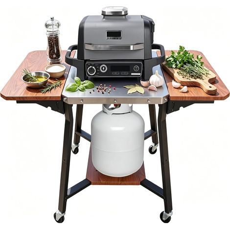 Barbecue trolley with stainless steel worktop, barbecue trolley with 2 folding side shelves, gas bottle holder and wheels, mobile kitchen trolley for (1/5)