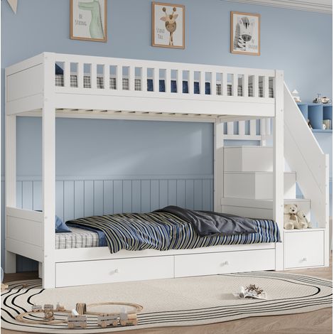 Litera infantil 90x200 cm de madera blanca con escalera con almacenaje y 2 cajones (1/5)