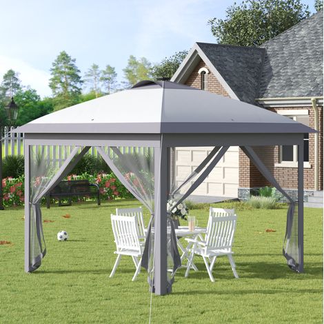 Padiglione da giardino pieghevole in metallo grigio 330x330x288 cm con LED solari/USB e pareti laterali in rete (1/5)