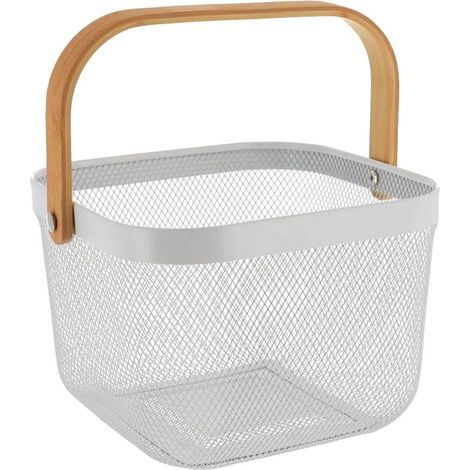Cestino quadrato in metallo con manico in bambù - bianco - Tendance