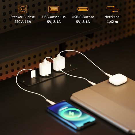 Bureau d'angle en L avec station de charge, support pour moniteur et étagères, pour télétravail ou espace de travail, noir (1/4)