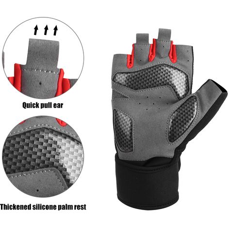 BOODUN Gants d'Entraînement Demi-Doigts Anti-Dérapants avec Soutien du Poignet pour la Musculation (Noir Rouge M)
