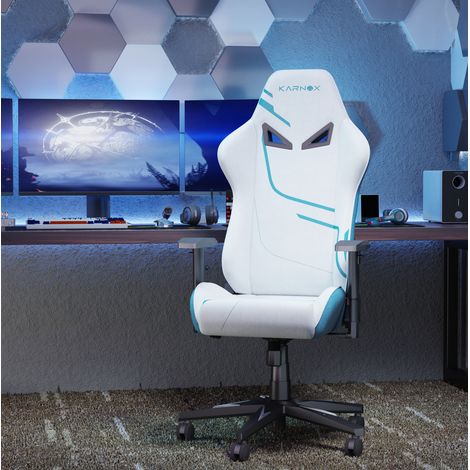 Ergonomischer Gamingstuhl aus Stoff in Weiß und Blau mit Kopfstütze und Lendenstütze (1/5)