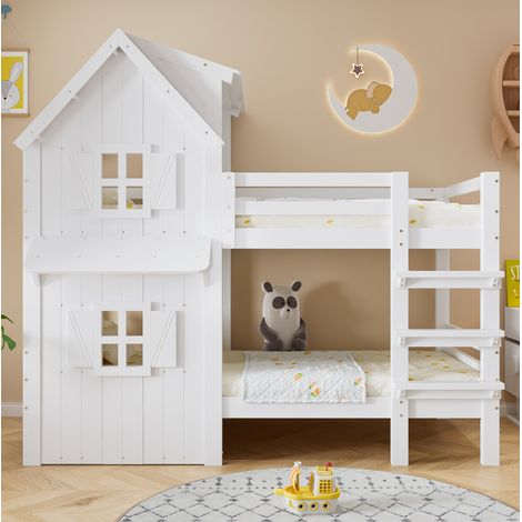 Cama litera infantil con techo y ventanas, madera maciza+MDF blanco, 90x200 cm, con barandillas de seguridad (1/5)