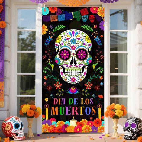 Rideau/drapeau de porte pour la Toussaint, orné de crânes et de fleurs colorés - Décoration mexicaine - 90 x 180 cm (œillets + ruban) - Style 6