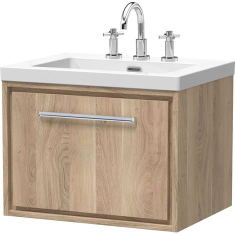 Longnor 1 Drawer Wall Hung Vanity Unit with 3 Tap Hole Modern Fireclay Basin, Light Oak, 600mm