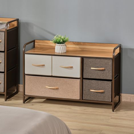Commode Meuble de Rangement 5 tiroirs en Tissu 87,5 x 29 x 58 cm et Marron Beige