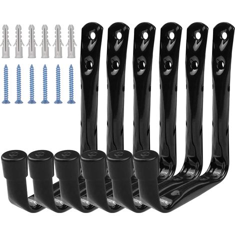 Lot de 6 Crochets de Rangement de Garage Robustes, Support Mural avec Visser Set, Crochet Utilitaires Résistants de Stockage en Acier pour Outils Êlectriques Êchelle Vélos 11.5cm x 9cm Noir (1/5)