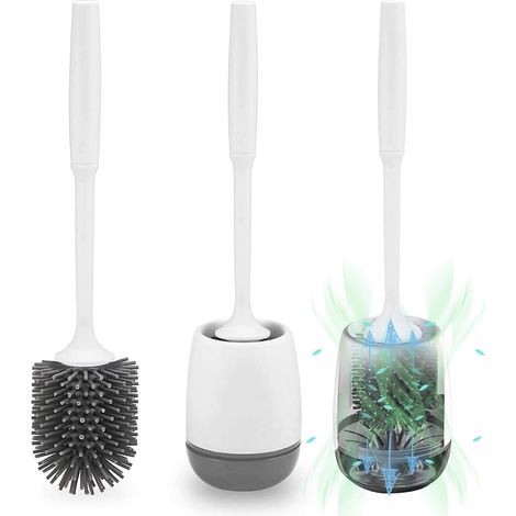 Brosse WC en silicone, avec support, montage mural et debout en silicone, avec support à séchage rapide, pour salle de bain, blanc (gris et blanc) (1/5)
