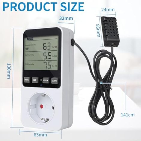 Prise thermostatique, régulateur de température et d'humidité 230 V avec sonde hygrostatique numérique et alarme pour humidificateur et déshumidificateur (1/5)