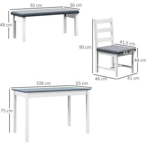 Ensemble salle à manger 4 pièces, table avec 2 chaises capitonnées et banc, aspect lin, bois pin, gris et blanc, mobilier repas moderne (1/5)