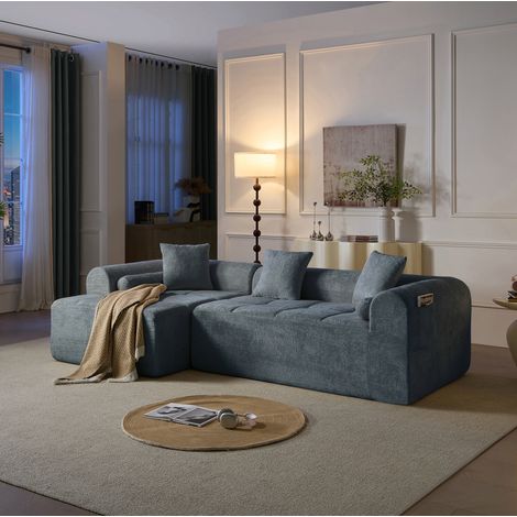 Canapé d'angle bleu en chenille 263 cm avec poche latérale OKWISH (1/5)