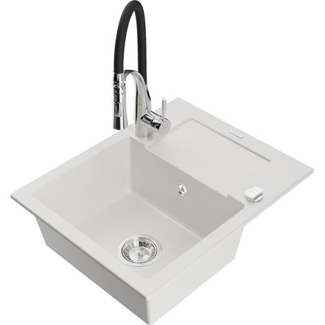 Mexen Enzo évier en granit 1 bac avec égouttoir et robinet de cuisine Aster, blanc - 6506-20-73450-07 (1/5)