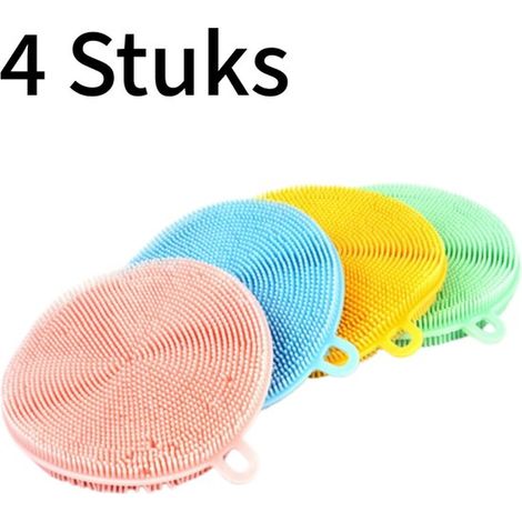 Lot de 4 brosses à vaisselle en silicone - Anti-graisse, séchage rapide, anti-moisissures - Indispensables pour le nettoyage de la cuisine - Matériau de qualité alimentaire, forme ronde, longue durée (1/5)