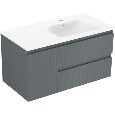 Mexen Rivel armoire de salle de bain 90 cm avec lavabo Vela à droite, 2 tiroirs, 1 porte, rainuré, graphite/blanc mat - 91A23-0 (1/5)