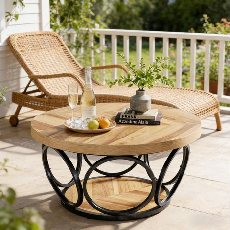 Tavolino da caffè rotondo 80x80x45 cm nero e marrone in legno e metallo con 2 ripiani (1/5)